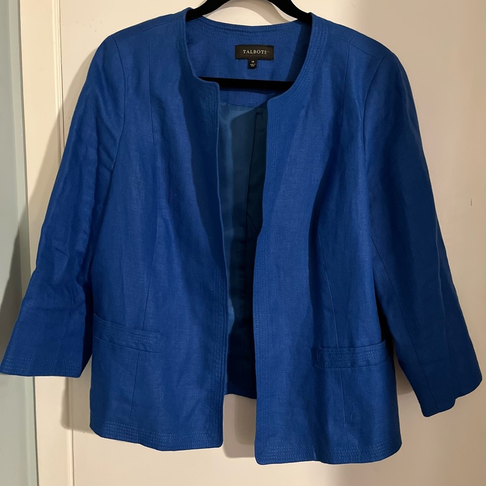 Talbots 100% Linen Open-Front Jacket – Size 14 – Sapphire Blue